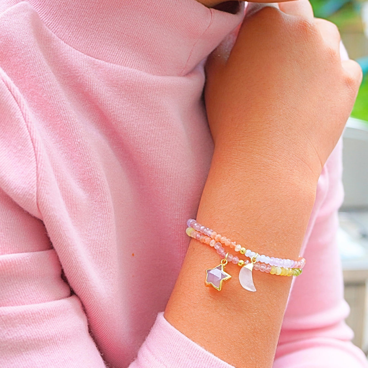 Colorful Multi Stone Chakra Bracelet Birthday Gift for Girls, Toddler Bracelet with Certified 925 Sterling Silver 18K Gold Vermeil Pink Opal Crystal Star Charm