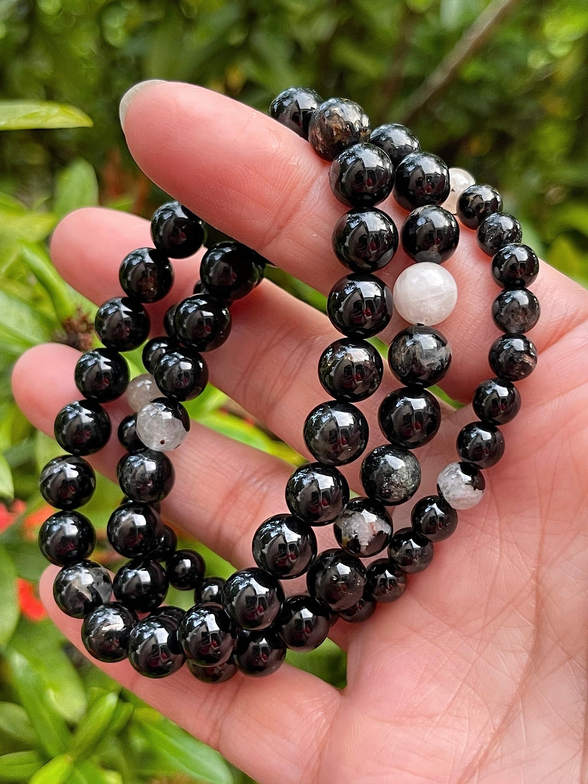 GAF TREASURES Black Tourmaline With Quartz Crystal Bead Bracelet 6-8mm, Genuine Black Tourmaline With Quartz Stretch Gemstone Bracelet, Healing Crystal Bracelet, Gift for Men & Women (1)