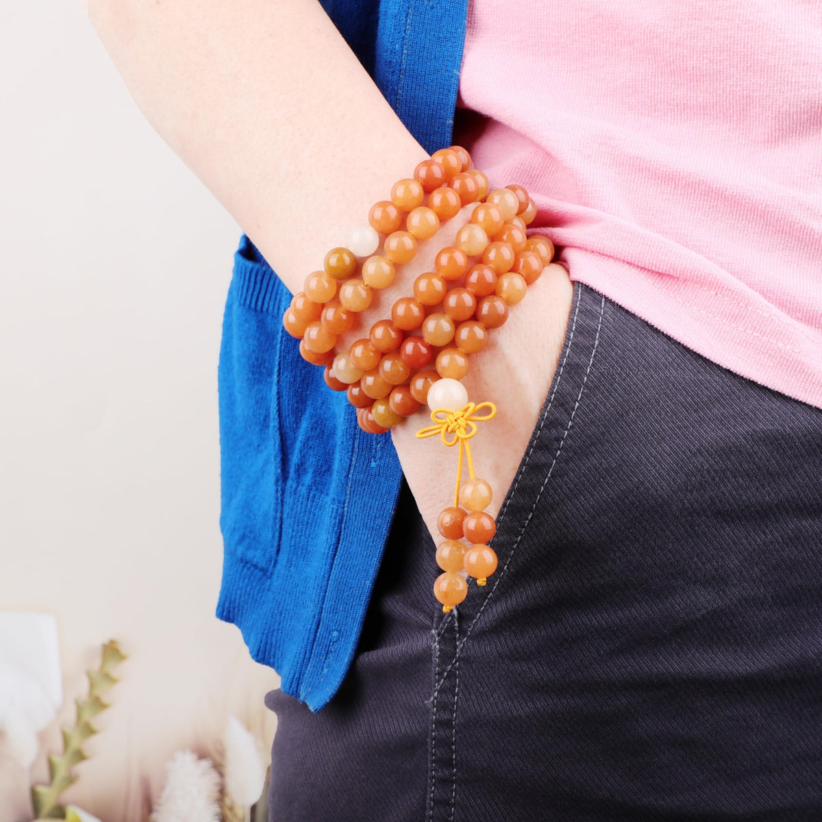AD Beads 8mm 108 Prayer Mala Yellow Aventurine Elastic Bracelet - Optimism - Handmade Yoga Meditation Healing Power Energy Gifts for Unisex Adult.