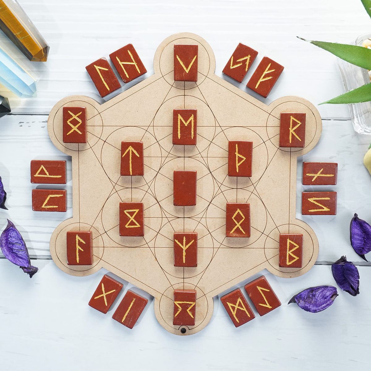 Crocon Red Jasper Rectangle Shape Gemstone Runes with Elder Futhark Alphabet Engraved 25 pcs Rune Set Crystal Divination Metaphysical Healing Balancing Chakra Reiki Runes with a Pouch| Size : 20-25mm