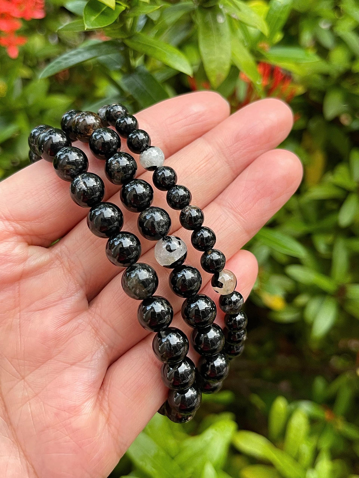 GAF TREASURES Black Tourmaline With Quartz Crystal Bead Bracelet 6-8mm, Genuine Black Tourmaline With Quartz Stretch Gemstone Bracelet, Healing Crystal Bracelet, Gift for Men & Women (1)