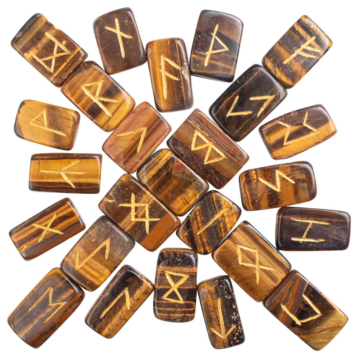 Crocon Tiger Eye Rectangle Shape Gemstone Runes with Elder Futhark Alphabet Engraved 25 pcs Rune Set Crystal Divination Metaphysical Healing Chakra Reiki Runes Set with a Pouch Size : 20-25mm