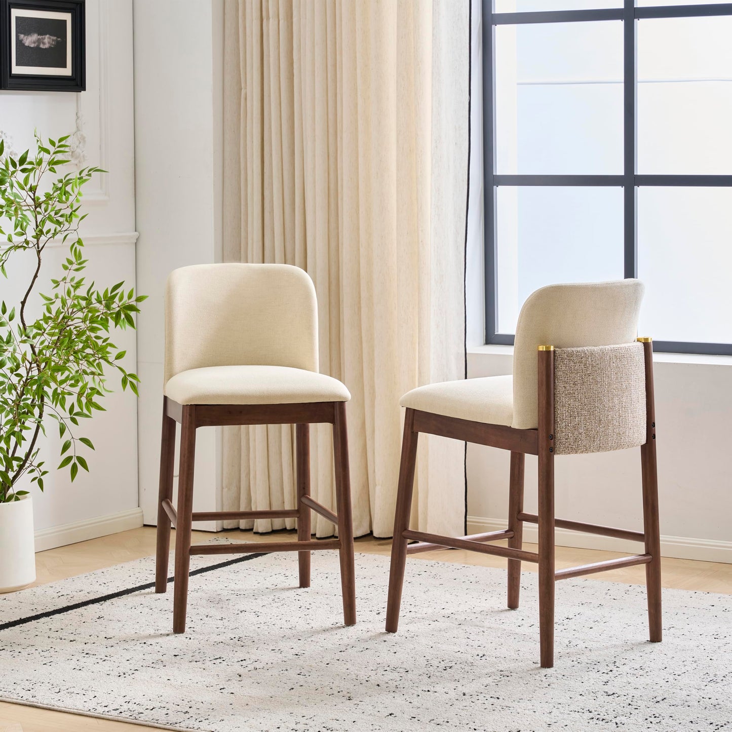 Christopher Knight Home Yumi Counter Height Bar Stools Set of 2, Fabric Upholstered Bar Stool for Kitchen Island, Armless Rubberwood Counter Stools with Solid Backrest + Footrest, Beige + Dark Walnut