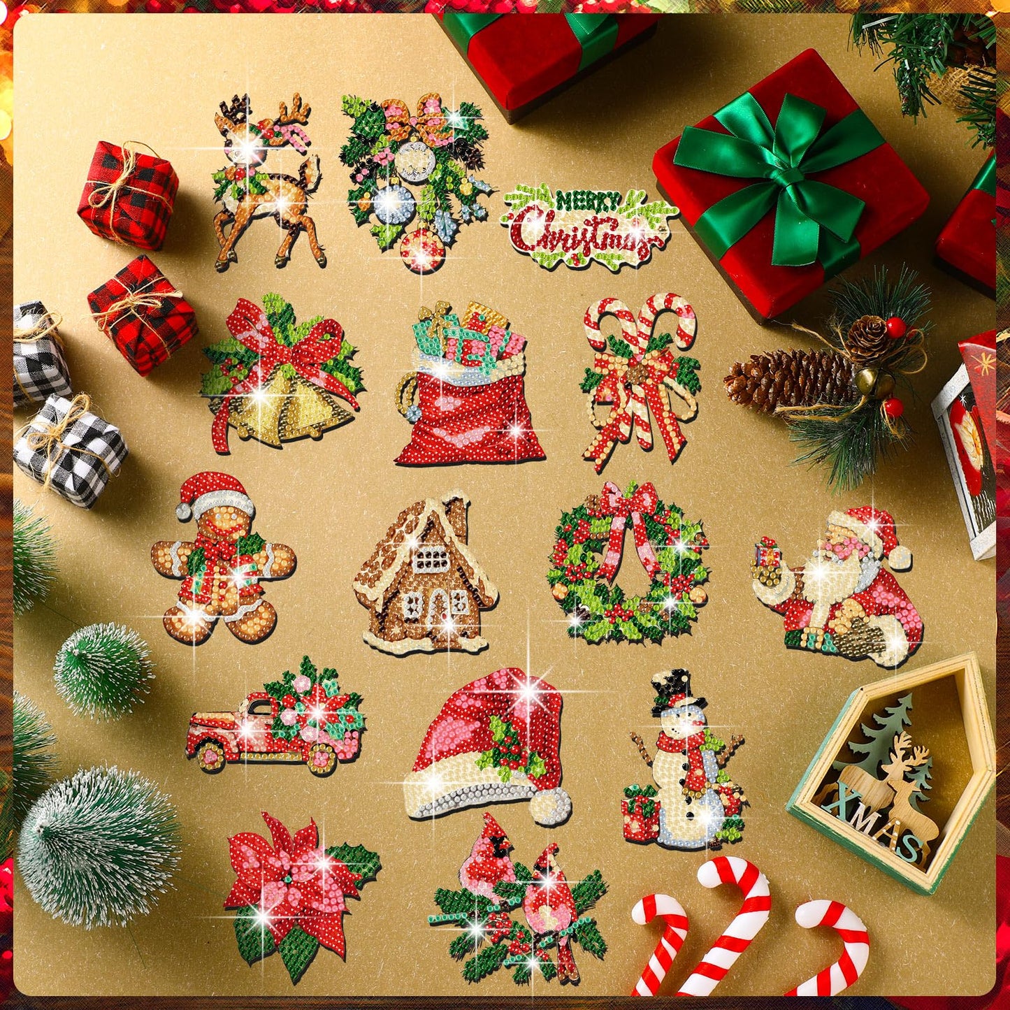 Copkim 30 Pcs Christmas Diamond Art Magnets Kits DIY Santa Claus Diamond Fridge Magnetic Stickers Xmas Gem Art Magnets for Beginners Holiday Decor Home
