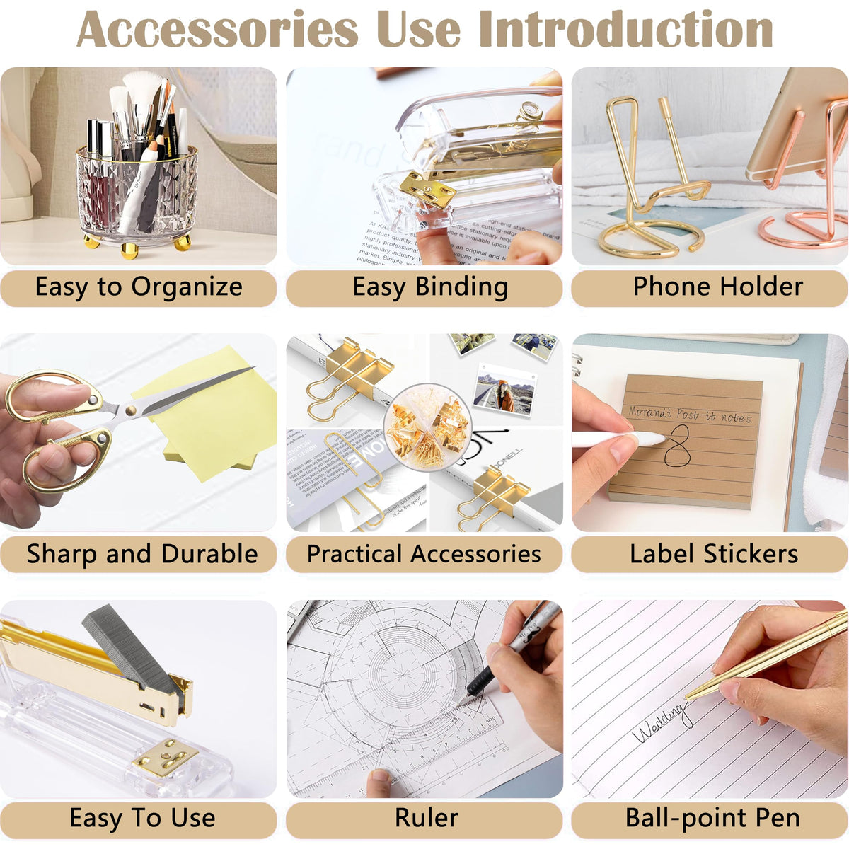 Gold Desk Accessories, Office Desk Organizers and Accessories 360°Pen Holder Acrylic Stapler Set, Phone Holder, Ballpoint Pen, Scissor, Binder Clips, Ruler, Transparent Glue, Sticky Note and Staples.