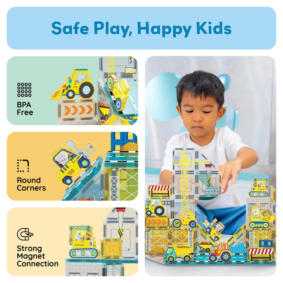 PicassoTiles Magnet Tiles Magnetic Building Blocks with 8 Construction Vehicles Crank Truck Excavator Bulldozer Road Roller Concrete Mixer Tractor Dump Truck Forklift Toys Learning Kids Ages 3+ PTQ11