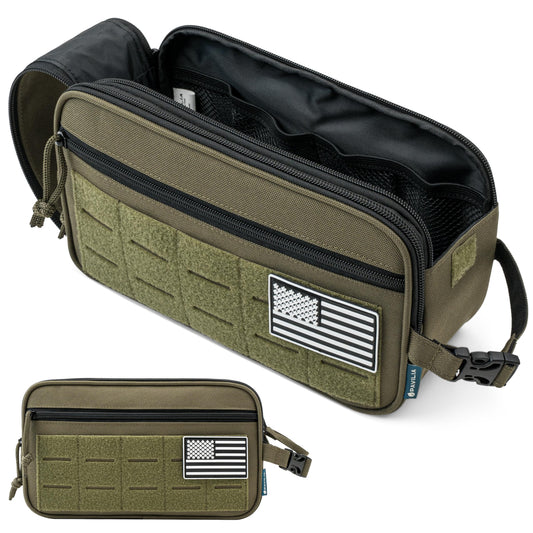 PAVILIA Tactical Toiletry Bag for Men, Travel Hygiene Bag, Military Gear Dopp Kit, Water Resist Molle Accessories Pouch, Mens Shaving Essentials, Gym Bathroom Shower Small Toiletries Tool EDC, Olive