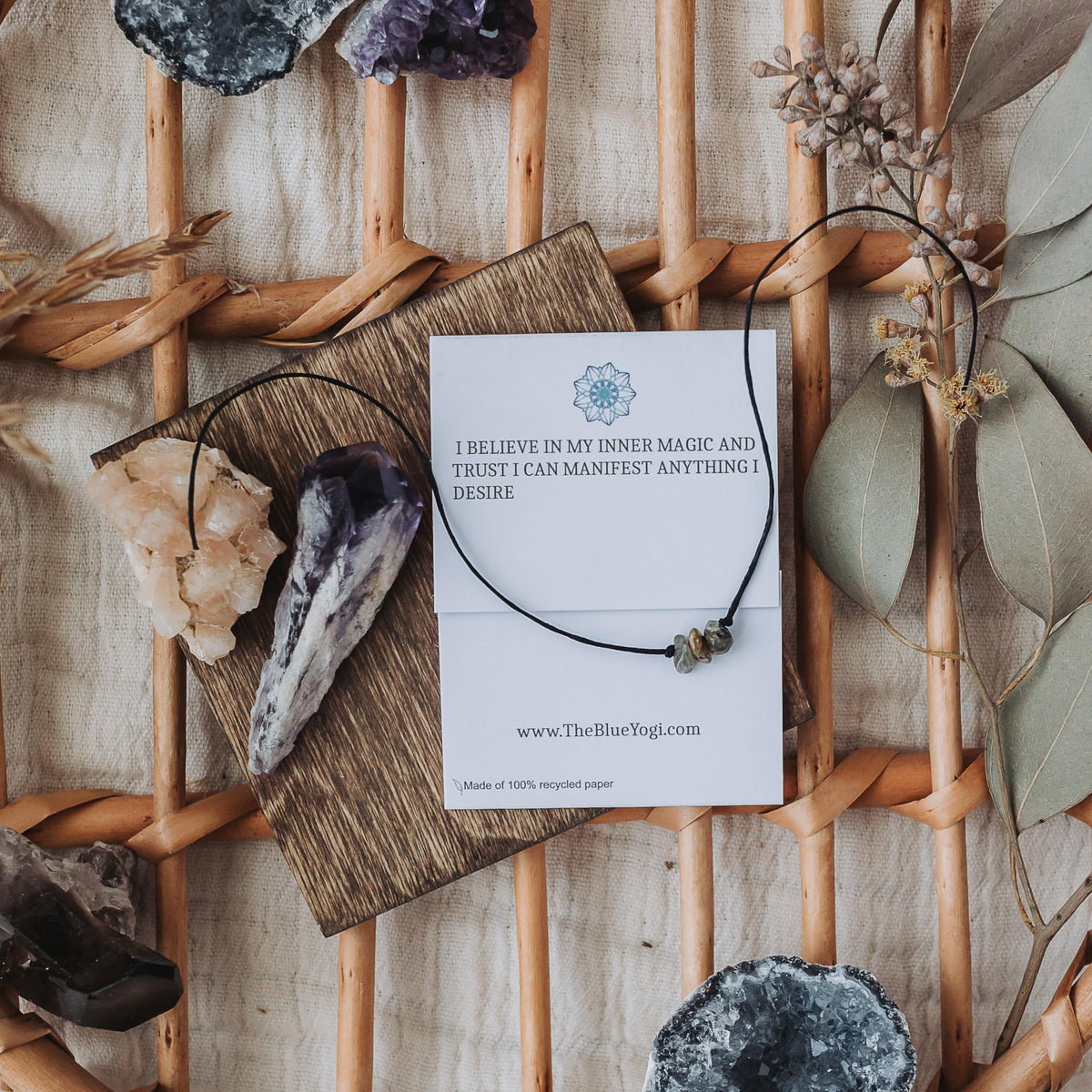 The Blue Yogi Healing band -2 in 1 protection Bracelet/Anklet with an affirmation- Tie Closure (Labradorite)