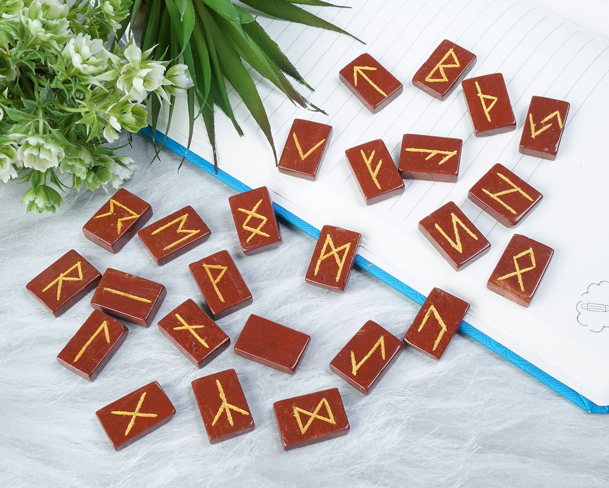 Crocon Red Jasper Rectangle Shape Gemstone Runes with Elder Futhark Alphabet Engraved 25 pcs Rune Set Crystal Divination Metaphysical Healing Balancing Chakra Reiki Runes with a Pouch| Size : 20-25mm