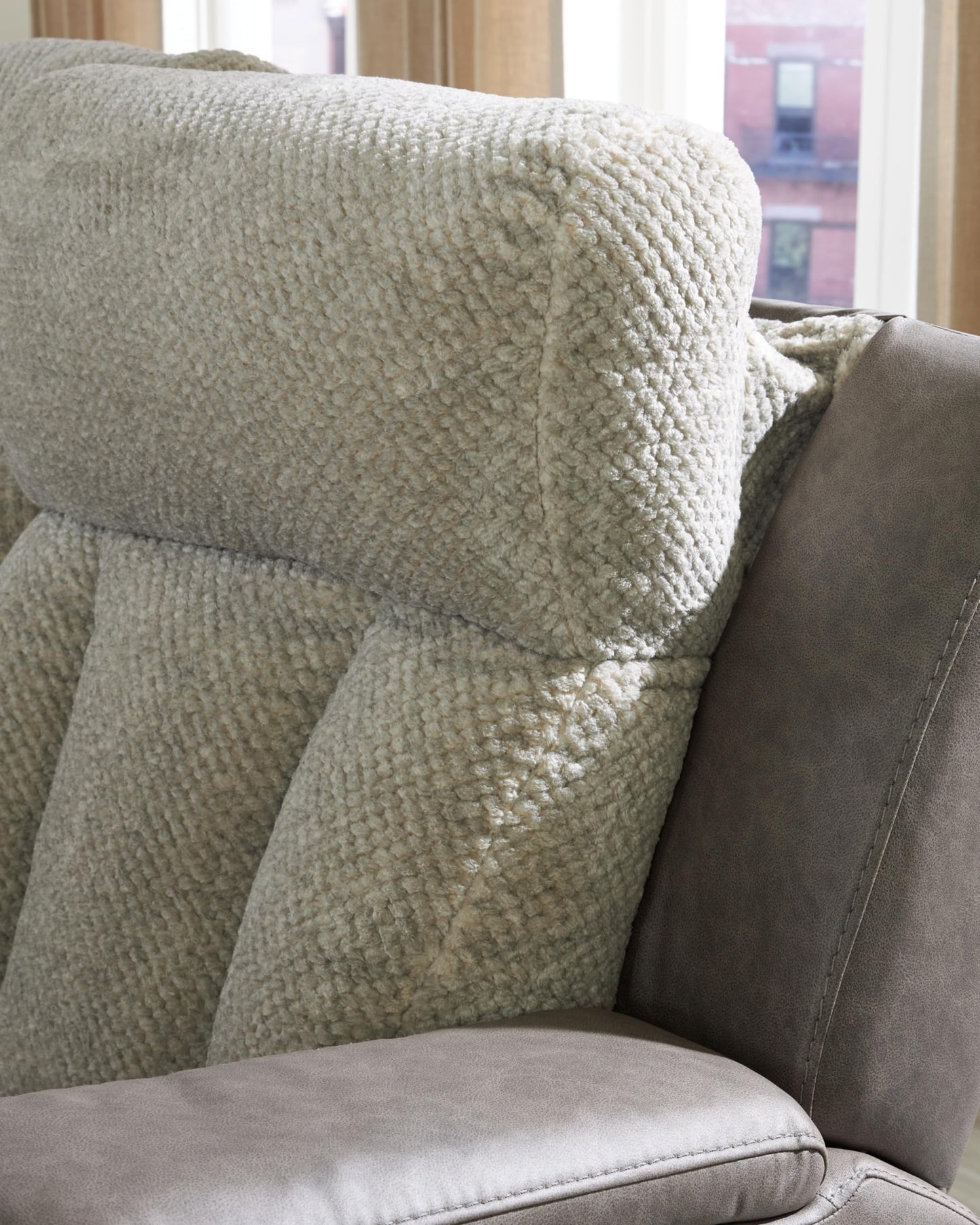 Signature Design by Ashley Point Clear Transitional Faux Leather Power Reclining Sofa with Drop Down Table, Lumbar Massage, LED Lights and Adjustable Headrest, Gray & Beige