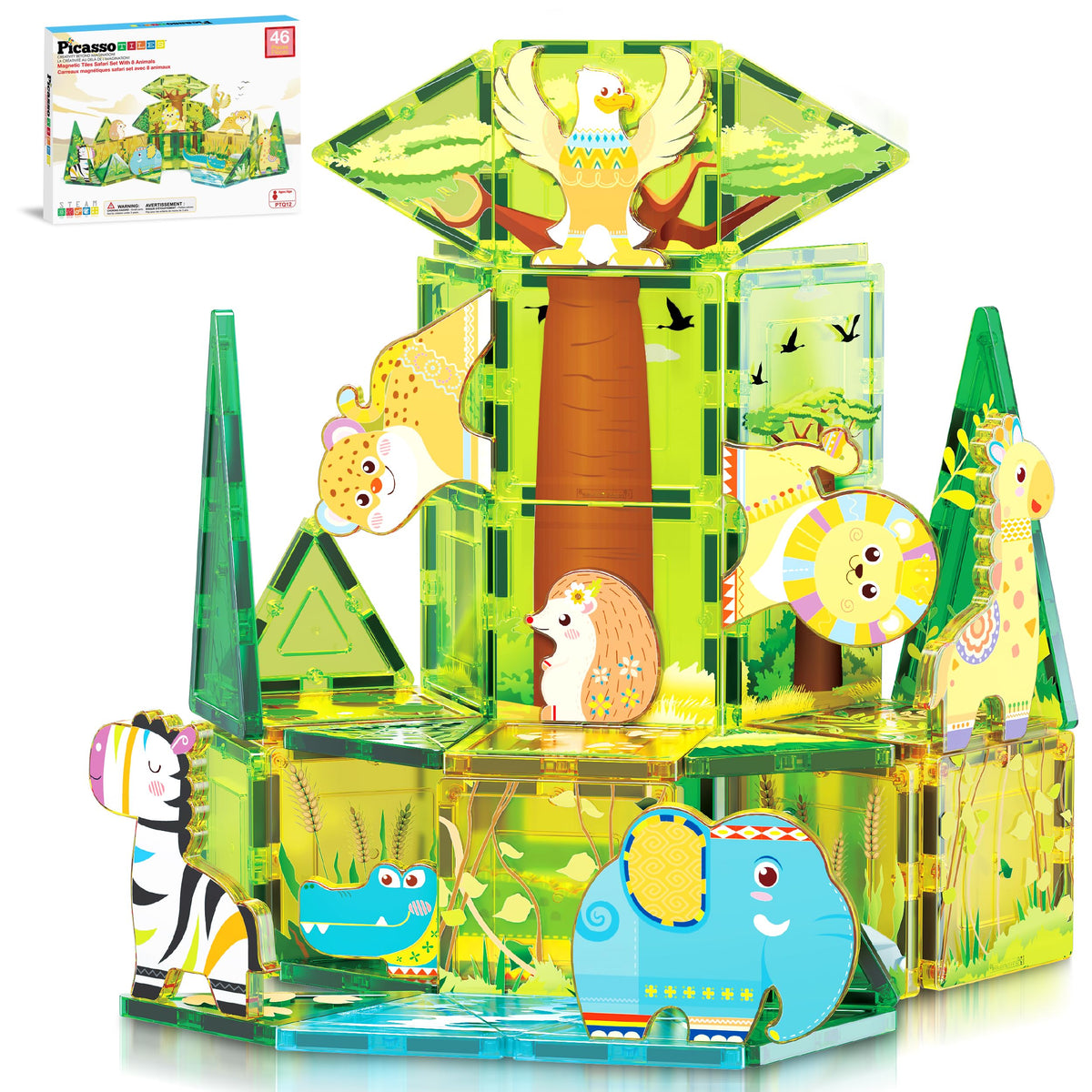 PicassoTiles Magnet Tile Building Block Safari Themed Set with 8 Compatible Magnetized Animal Action Figures Build Blocks Toddler Creativity Toys STEAM Educational Learning Skills Ages 3+ PTQ12