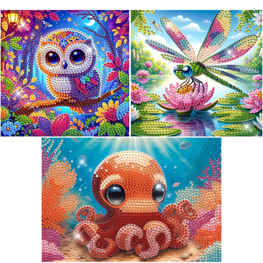 Modern Merch Small Diamond Art Packs Owl Octopus & Dragonfly, Animal Diamond Dots for Adults, Jewel Art Painting Kits, Mini Gem Arts and Crafts for Adults, Round Drill 3 Pack Partial Drill