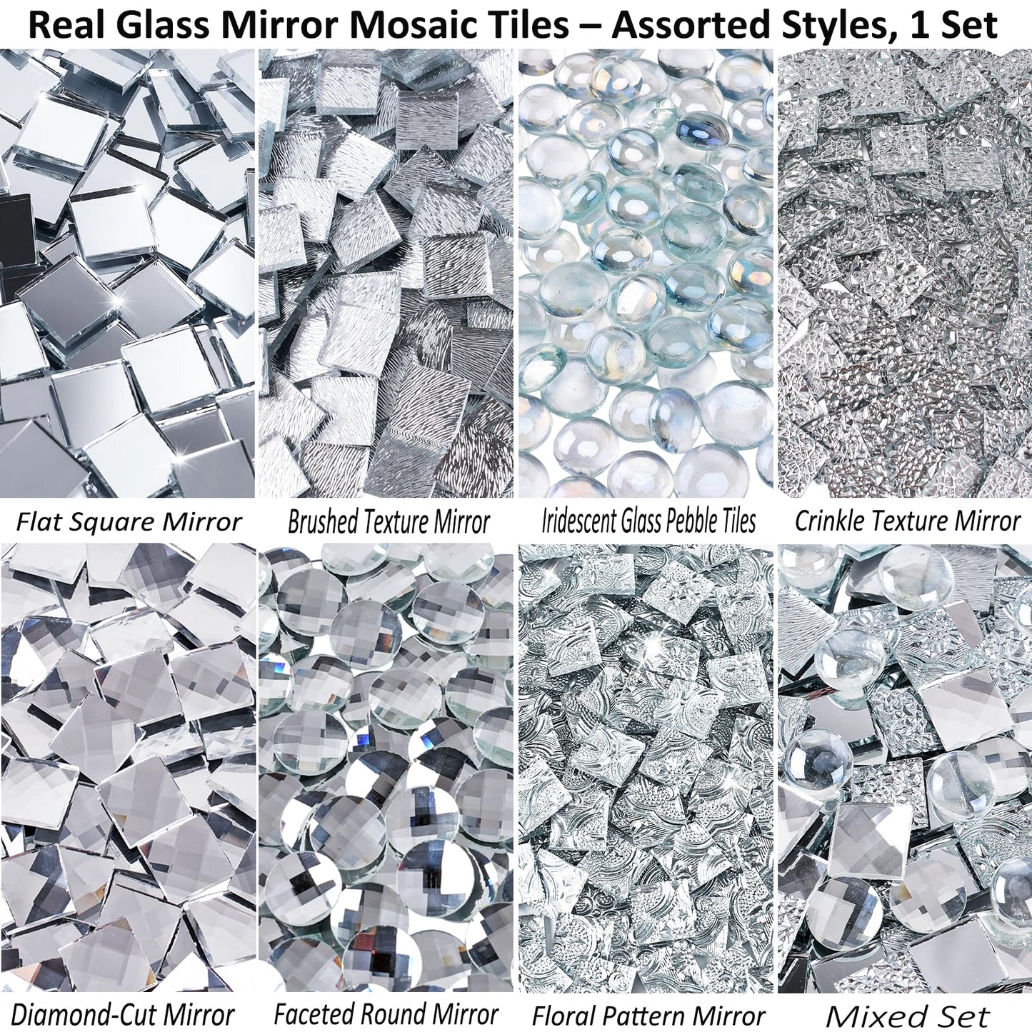 CHICSHIS 1000g Real Mirror Glass Mosaic Tiles for DIY, Silver Textured Square Tiles (15mm) with Iridescent Glass Gems, Mixed Shapes Stained Glass Set for Mosaic Art & Home Décor Projects