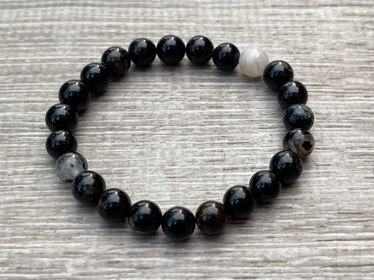 GAF TREASURES Black Tourmaline With Quartz Crystal Bead Bracelet 6-8mm, Genuine Black Tourmaline With Quartz Stretch Gemstone Bracelet, Healing Crystal Bracelet, Gift for Men & Women (1)