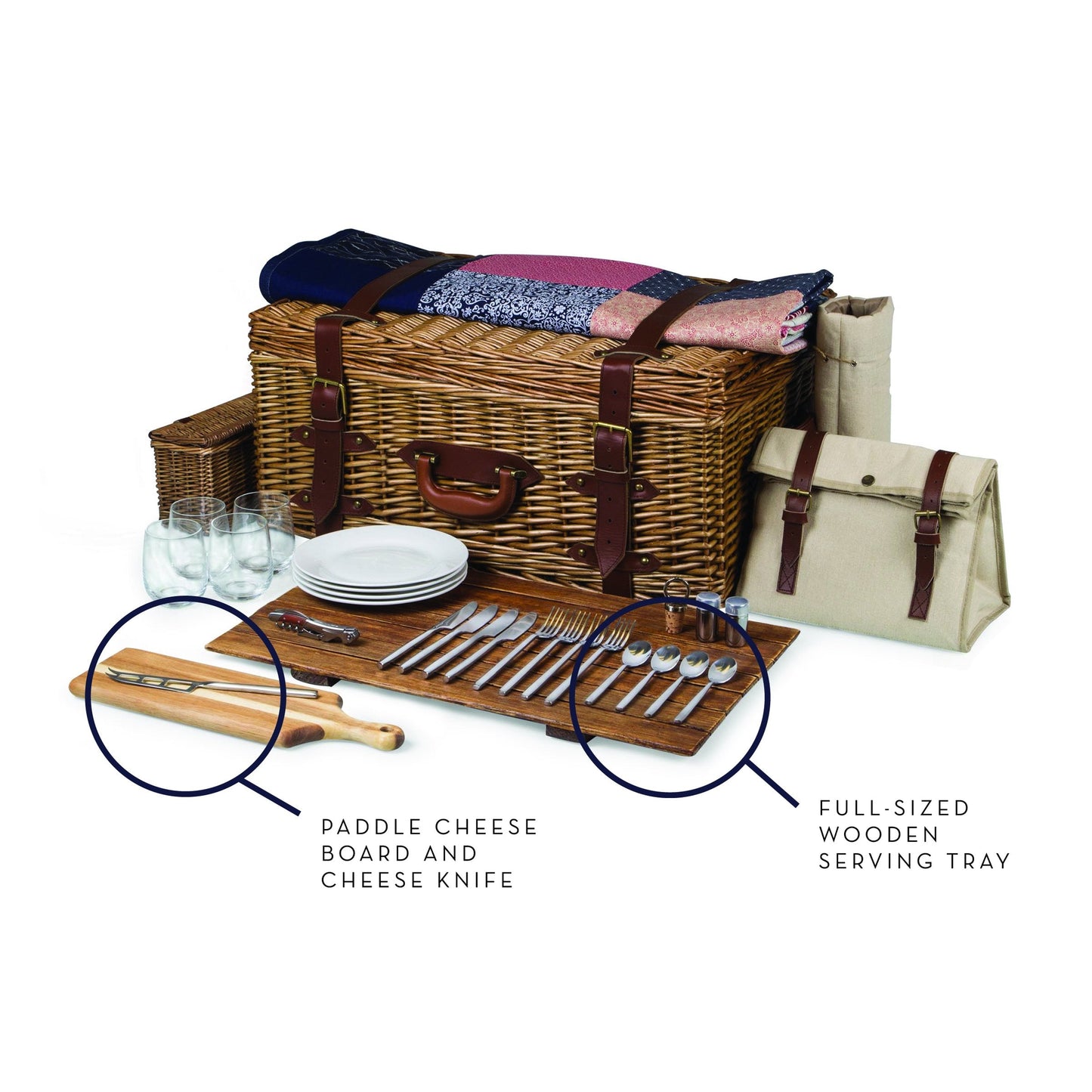 PICNIC TIME Charleston Luxury Picnic Basket for 4, Romantic Vintage English-Style Wooden Basket, Complete Deluxe Service With Blanket, Suitcase-style Handle and Genuine Cowhide Leather, (Beige Canvas)