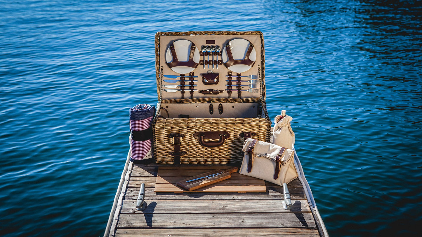 PICNIC TIME Charleston Luxury Picnic Basket for 4, Romantic Vintage English-Style Wooden Basket, Complete Deluxe Service With Blanket, Suitcase-style Handle and Genuine Cowhide Leather, (Beige Canvas)