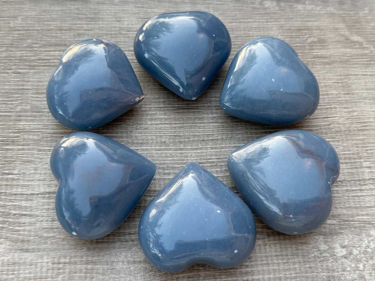 Angelite Gemstone Hearts, Polished Angelite Puffy Hearts, Angelite Crystal Palm Stone, Angelite Healing Crystal Hearts (1 Heart)