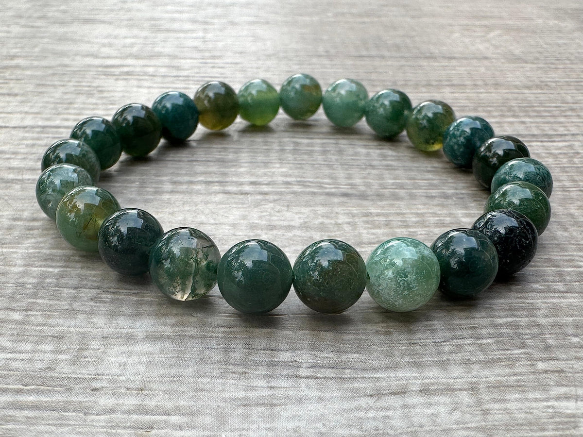GAF TREASURES Moss Agate Crystal Bead Bracelet 8mm, Genuine Moss Agate Stretch Gemstone Bracelet, Healing Crystal Bracelet, Gift for Men & Women (1)