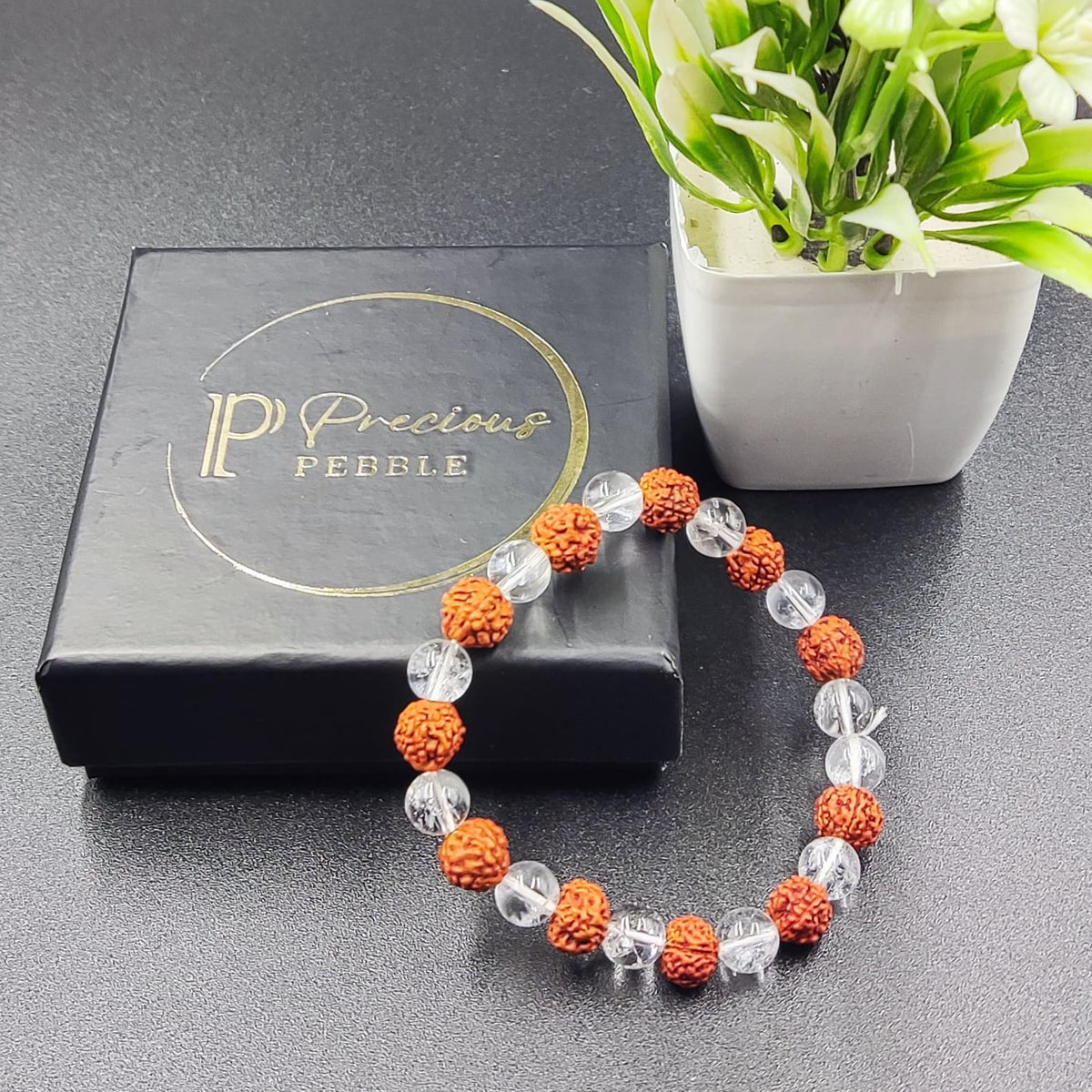 PRECIOUS PEBBLE Rudraksha & Clear Quartz Bracelet for Men & Women, Adjustable 8mm Natural Beads Bracelets Focus, Calm & Meditation – Handmade Jewelry for Gifting, Yoga & Mindful Living