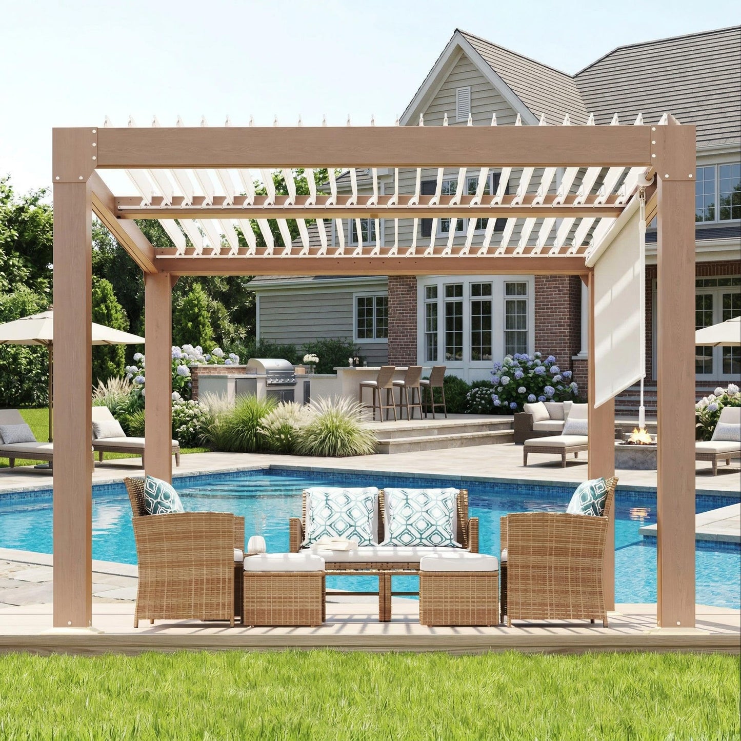 10x10FT Louvered Pergola, Modern Style Outdoor Pergola with Adjustable Louvered Roof, Reinforced Aluminum Frame, Integrated Drainage System, Hardtop Gazebo for Patio, Deck, Wood Grain