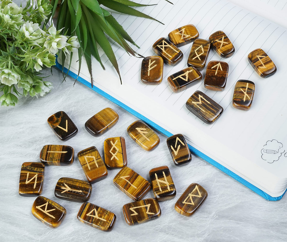 Crocon Tiger Eye Rectangle Shape Gemstone Runes with Elder Futhark Alphabet Engraved 25 pcs Rune Set Crystal Divination Metaphysical Healing Chakra Reiki Runes Set with a Pouch Size : 20-25mm