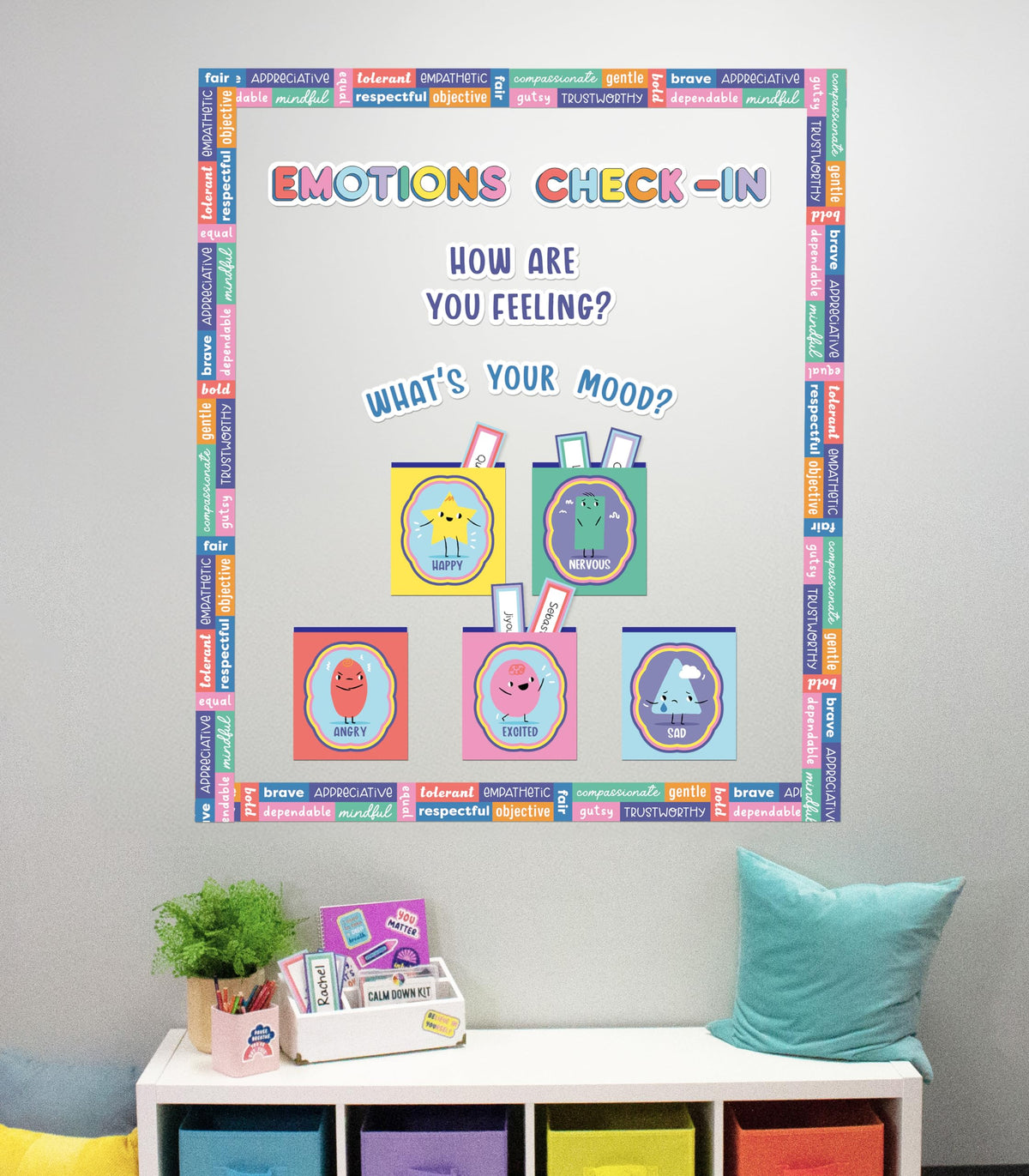 Carson Dellosa Pre-Punched We Stick Together 46-Piece Emotions Check-in Bulletin Board Set, Calming Corner Accents, Feelings Chart, Mood Board and More, Calm Down Corner, SEL Classroom Décor