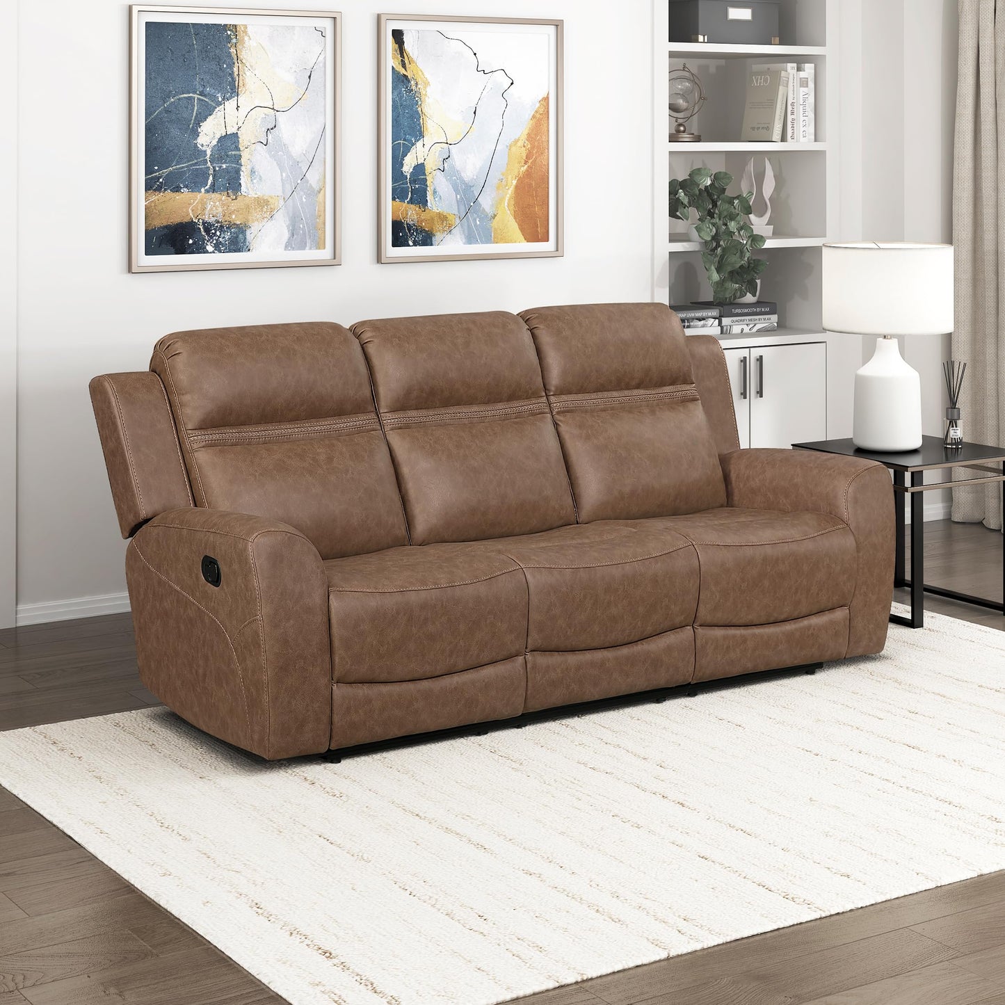 Lexicon 85" W Manual Double Reclining Sofa - Polished Microfiber Wall Hugger Manual 3 Seater Recliner Couch, Comfort Armrests, for Living Room, Home Theater, Easy Assembly, Brown