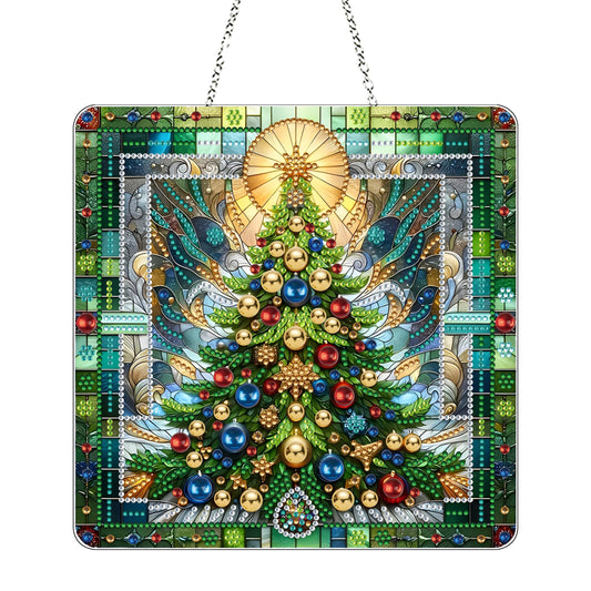 JJFox DIY Acrylic Diamond Art Painting Wreath Kits Special Shaped Rhinestone Diamond Art Window Pendants Home Garden Wall Hanging Kits Hanging Ornament，Double Sided(Christmas Tree-1)