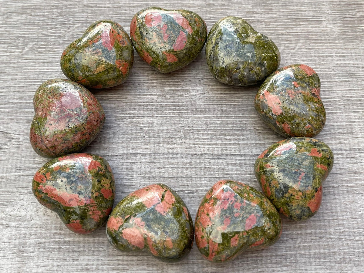GAF TREASURES Unakite Gemstone Hearts, Polished Unakite Puffy Hearts, Unakite Crystal Palm Stone, Unakite Healing Crystal Hearts (1 Heart)