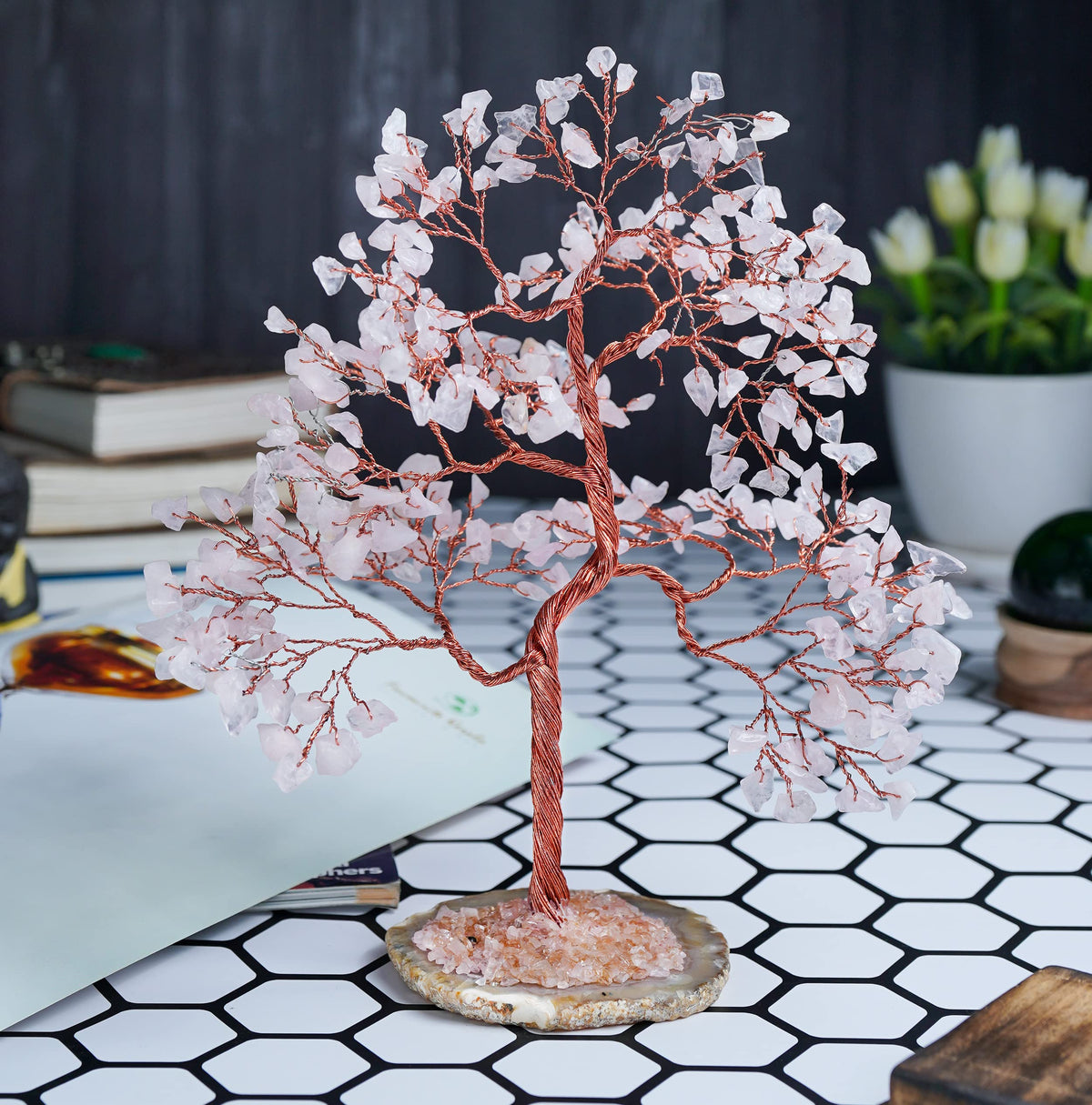 Rose Quartz Gemstone Tree of Life - Geode Agate Slice Base, Handmade Crystal Tree, Pink Healing Stone for Heart Chakra Unconditional Love - Relationships, Attract Good Luck, Self-Love, Gift