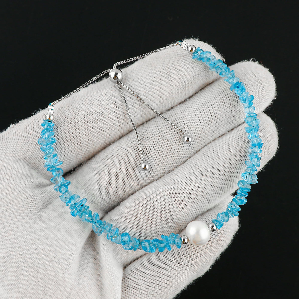 CRYSTALIS Natural Swiss-Blue-Topaz Beads Slider Bolo Bracelet with Elegant Pearl, Uncut Chips Nuggets Crystals, Chakra Healing Gemstone, Women Jewelry, 925 Sterling Silver Slider 10 inch