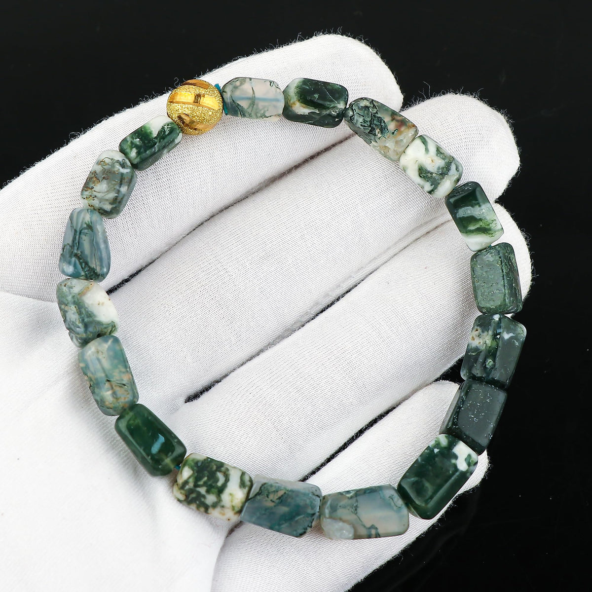 CRYSTALIS Natural Moss Agate Beads Elastic Stretch Bracelet, Chakra Healing Jewelry for Men & Women, Adjustable Bracelet, Everyday Wear, Gift Giving Bracelet, Free Size