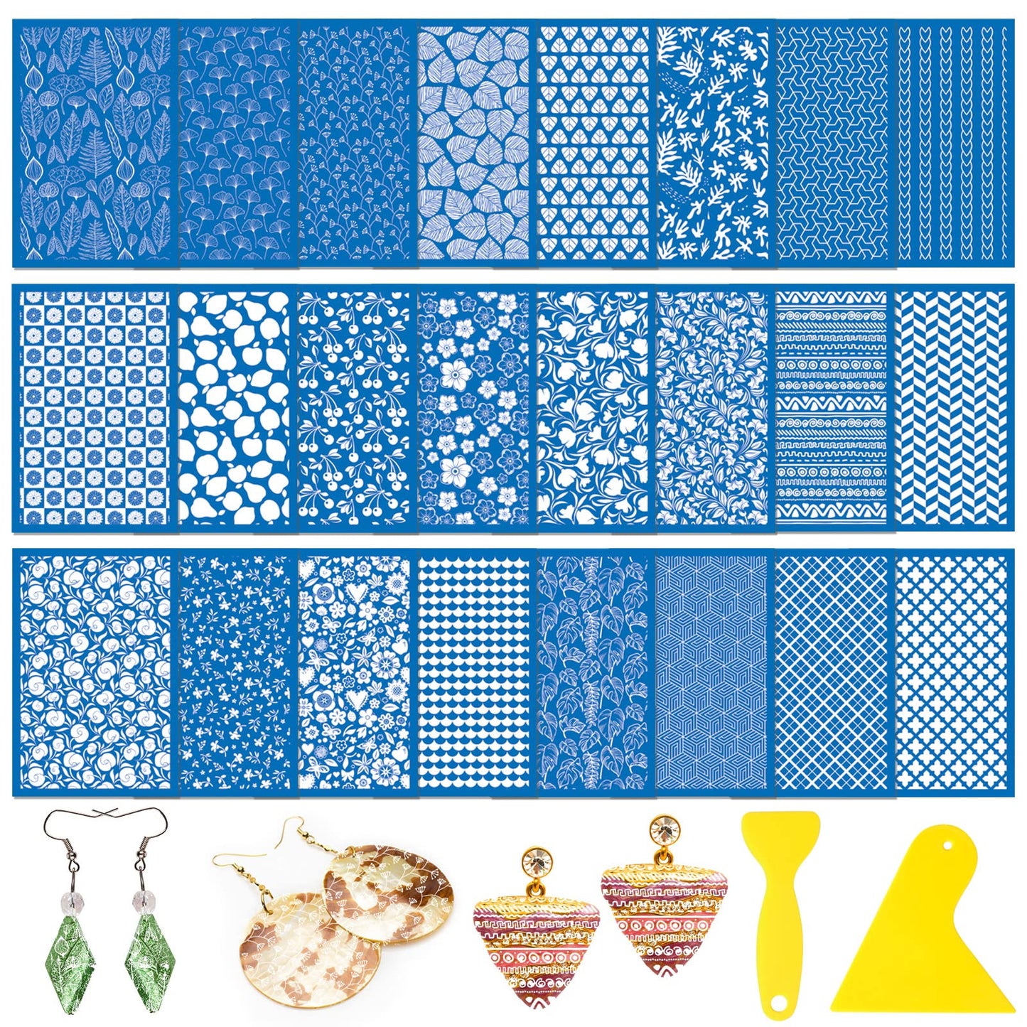 Jutom 24 Pieces Silk Screen Stencils for Polymer Clay Cutter Tools Reusable Silkscreen Print Kit DIY Craft Earring Jewelry Making Supplies Screen Stencils Reusable with 2 Squeegees, 3.9 x 6''