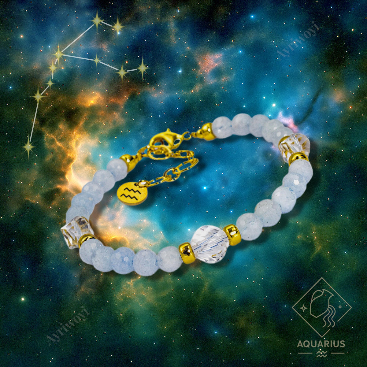 Ayriwoyi Aquarius Zodiac Bracelet Aquamarine Clear Quartz Crystal Healing Beads Bracelet 12 Constellations Bracelets Adjustable Astrology Jewelry Gift Women