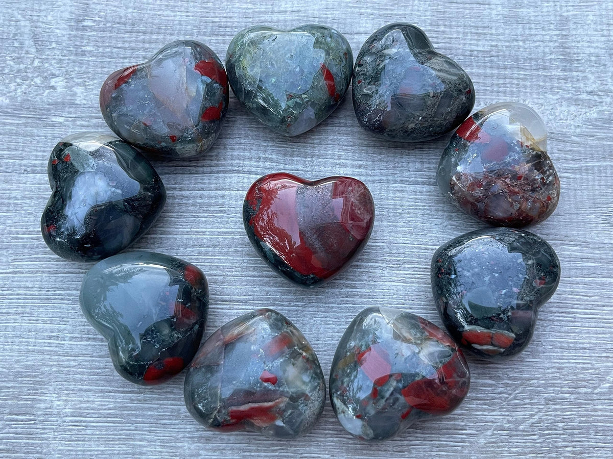 GAF TREASURES Bloodstone Gemstone Hearts, Polished Bloodstone Puffy Hearts, Bloodstone Crystal Palm Stone, Bloodstone Healing Crystal Hearts (1 Heart)