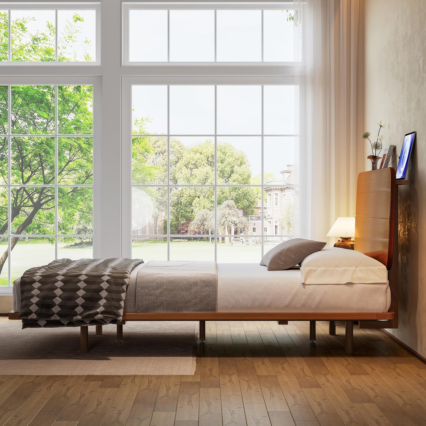 KEIKI Queen Size Bamboo Platform Bed with Headboard and USB Ports, Mid-Century Modern Floating Bed Frame with Solid Support Slats, No Box Spring Needed, Easy Assembly, Noise Free, for Bedroom, Brown