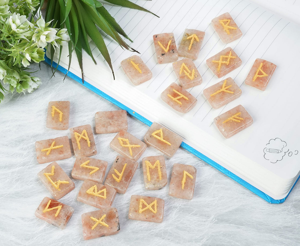 Crocon Sunstone rectangle shape gemstone runes with Elder Futhark Alphabet Engraved 25 pcs rune set Crystal Divination metaphysical Healing Chakra Reiki runes set with a pouch Size : 2025mm