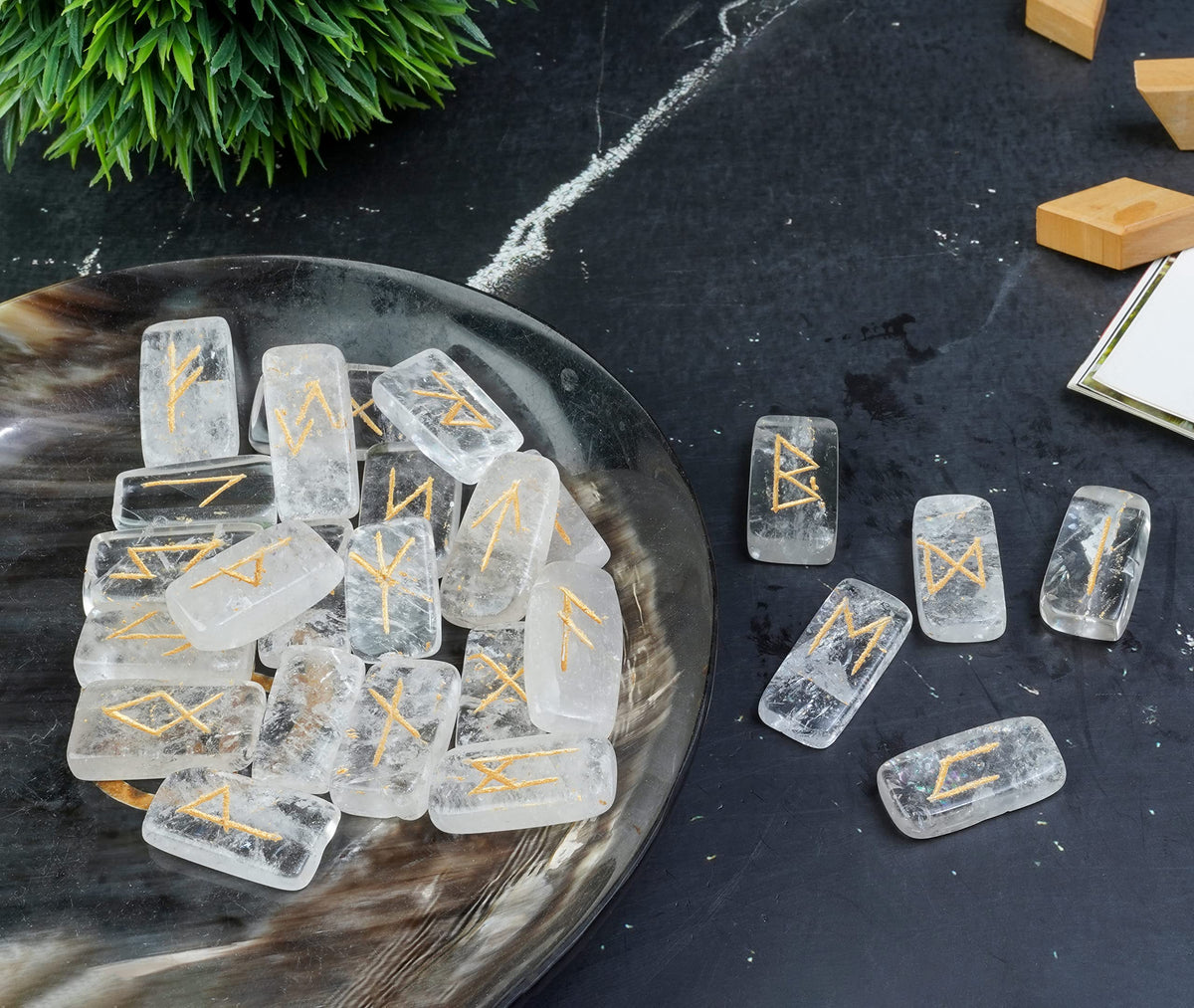Crocon Clear Quartz Rectangle Shape Gemstone Runes with Elder Futhark Alphabet Engraved 25 pcs Rune Set Crystal Divination Metaphysical Healing Chakra Reiki Runes Set with a Pouch| Size : 20-25mm