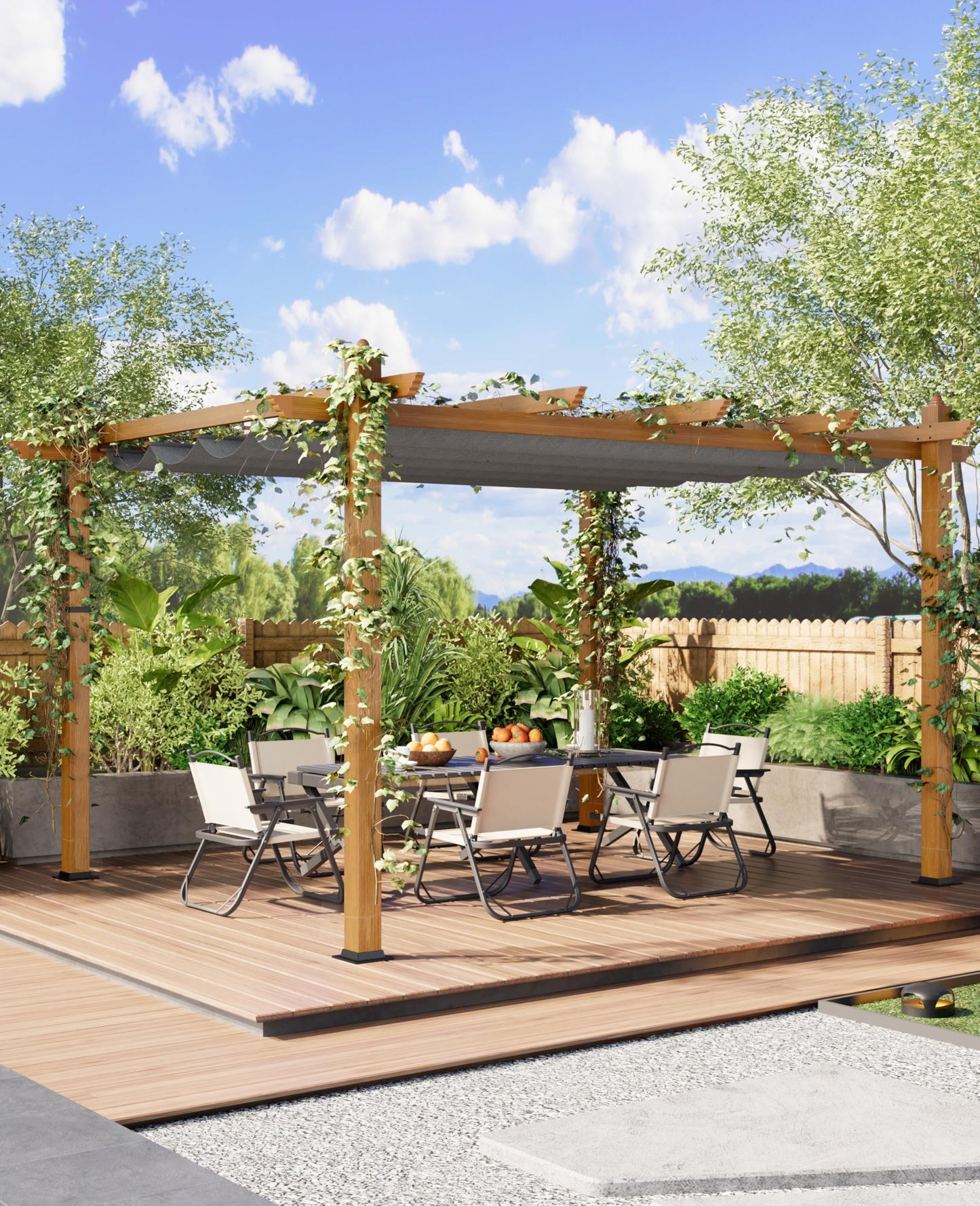 Garvee 10x13 ft Outdoor Pergola with Retractable Canopy – Upgraded Aluminum Faux Wood Grain Metal Patio Pergola for Modern Backyard Deck, Porch, Grape Trellis in Grey