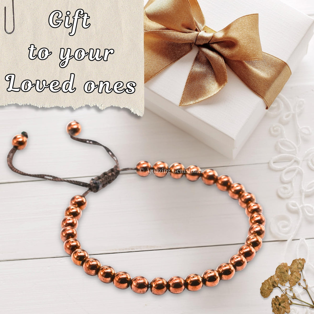 Copper Hematite Bracelet for Women Men's Gifts - Protection Healing Crystal Bracelet - 6mm Gemstone Beaded Adjustable Bracelet Pulseras Para Hombres Mujer Stocking Stuffers