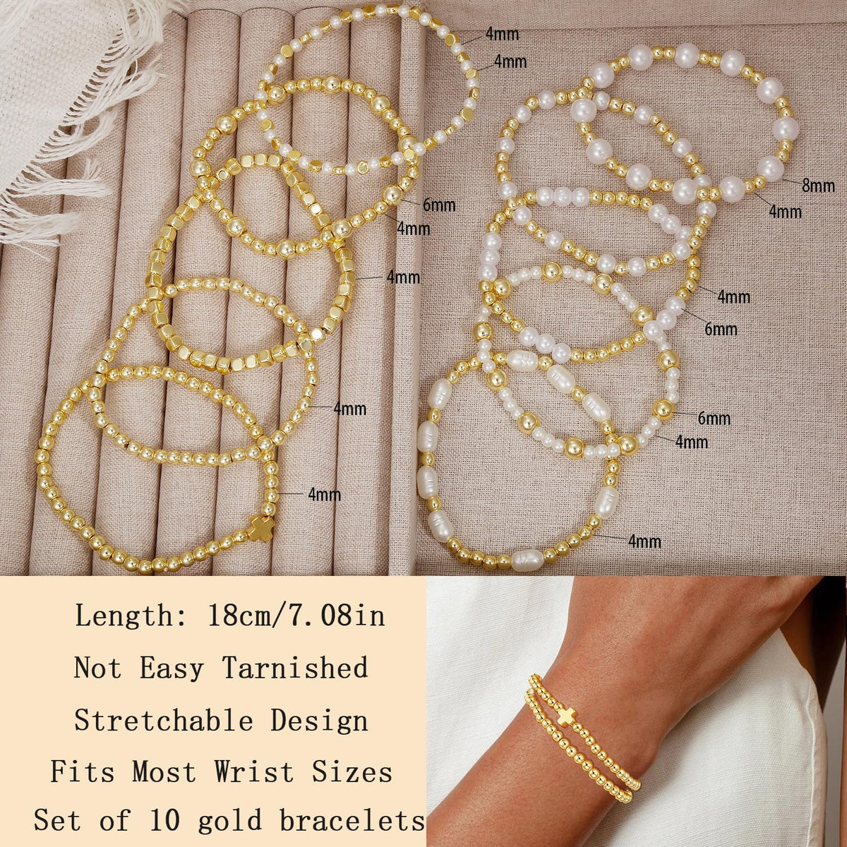 COLOYAN 10PCS Gold Bracelets for Women Stack, Cross Beaded Strand Bead Ball Stackable Gold Bracelet, Pearl Beaded Bracelets Elastic Bracelet Set