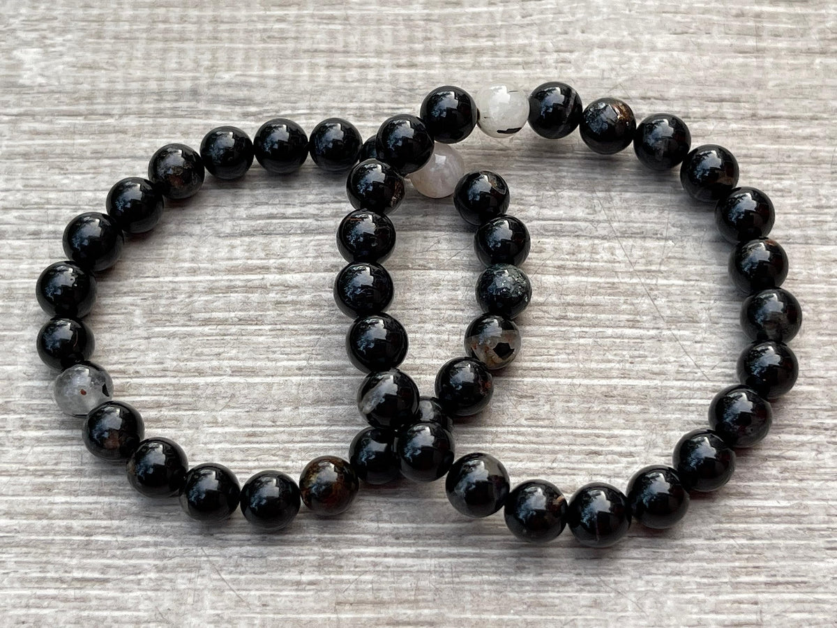 GAF TREASURES Black Tourmaline With Quartz Crystal Bead Bracelet 6-8mm, Genuine Black Tourmaline With Quartz Stretch Gemstone Bracelet, Healing Crystal Bracelet, Gift for Men & Women (1)