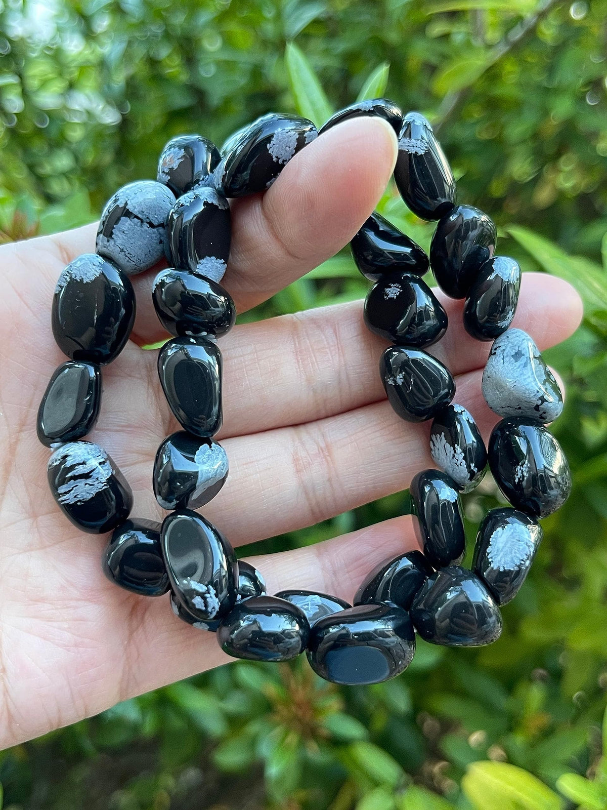 GAF TREASURES Snowflake Obsidian Crystal Nugget Bracelet, Genuine Snowflake Obsidian Tumbled Gemstone Bracelet, Healing Crystal Bracelet, Gift for Men & Women (1)