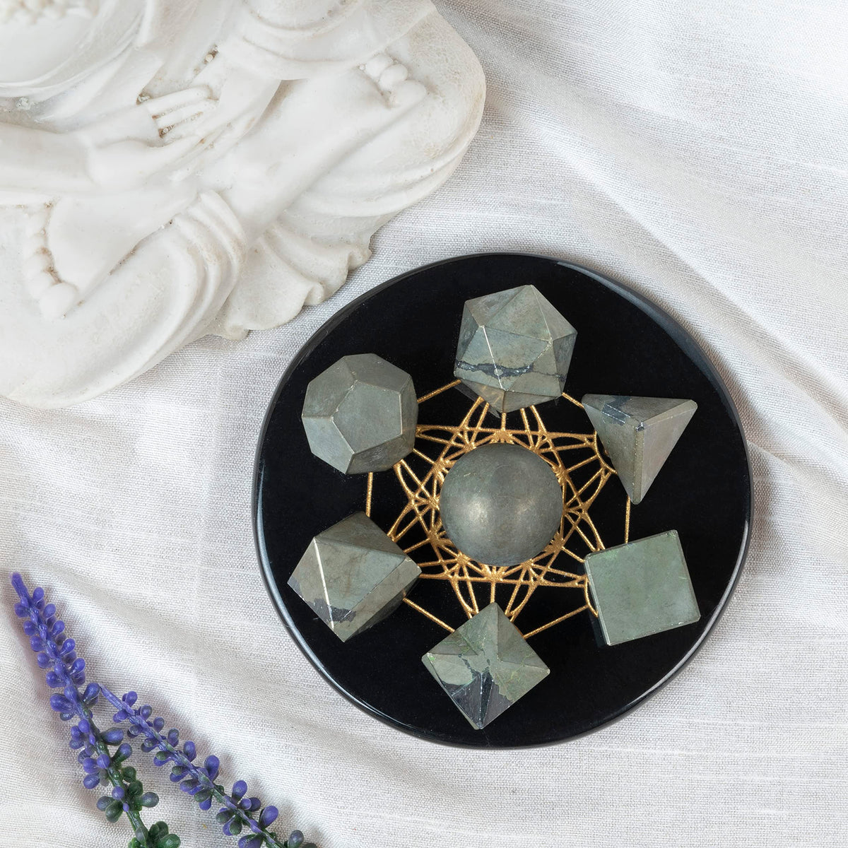 Crocon Golden Pyrite 7 Pcs Platonic Solids Crystal Geometry Set, Platonic Solids Sacred Geometric Stones for Meditation Reiki Balancing Healing Chakra Stone Cleansing Spiritual Good Luck (15-20 mm)