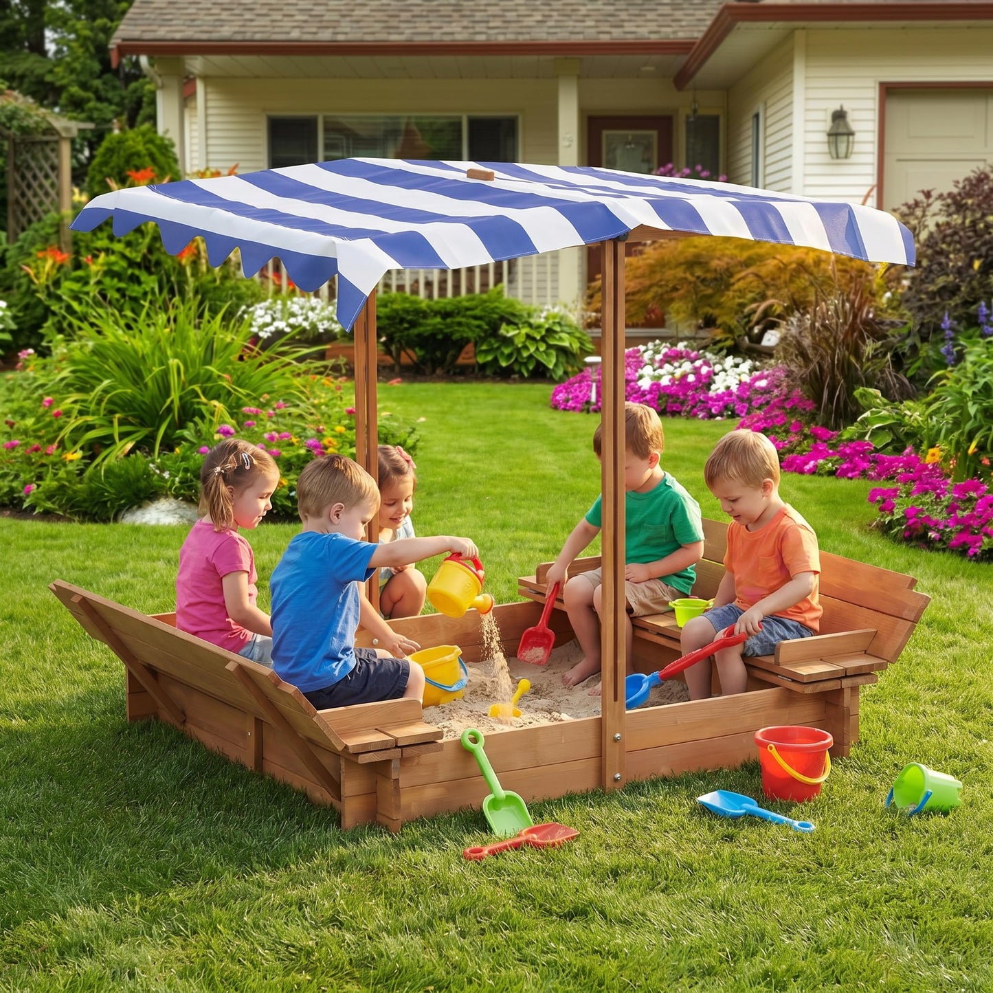 Kids Sandbox with Adjustable Canopy & 2 Foldable Seats, 46'' Wooden Sand Box with Cover, Outdoor Sandpit for Backyard Play