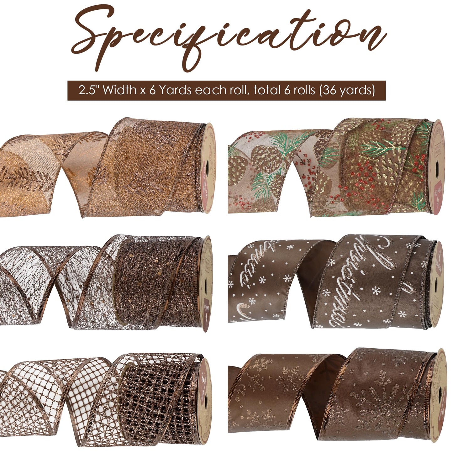 HUIHUANG Brown Wired Ribbon for Christmas Tree Pine Cone Ribbon Wired Brown Glitter Christmas Ribbons for Bows, Wreaths, Garland, Wrapping Crafts, Fall Decorations (2.5" x 6 Rolls, 36 Yds Total)