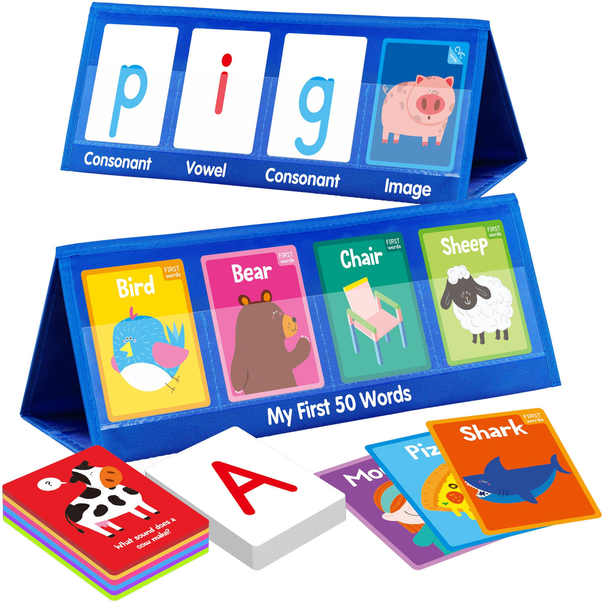 Word Building Desktop Pocket Chart, 48 CVC Words & 50 First Words, Double-Sided Tent Word Builder, Vocabulary Learning Flashcards Set for Kindergarten Reading and Spelling