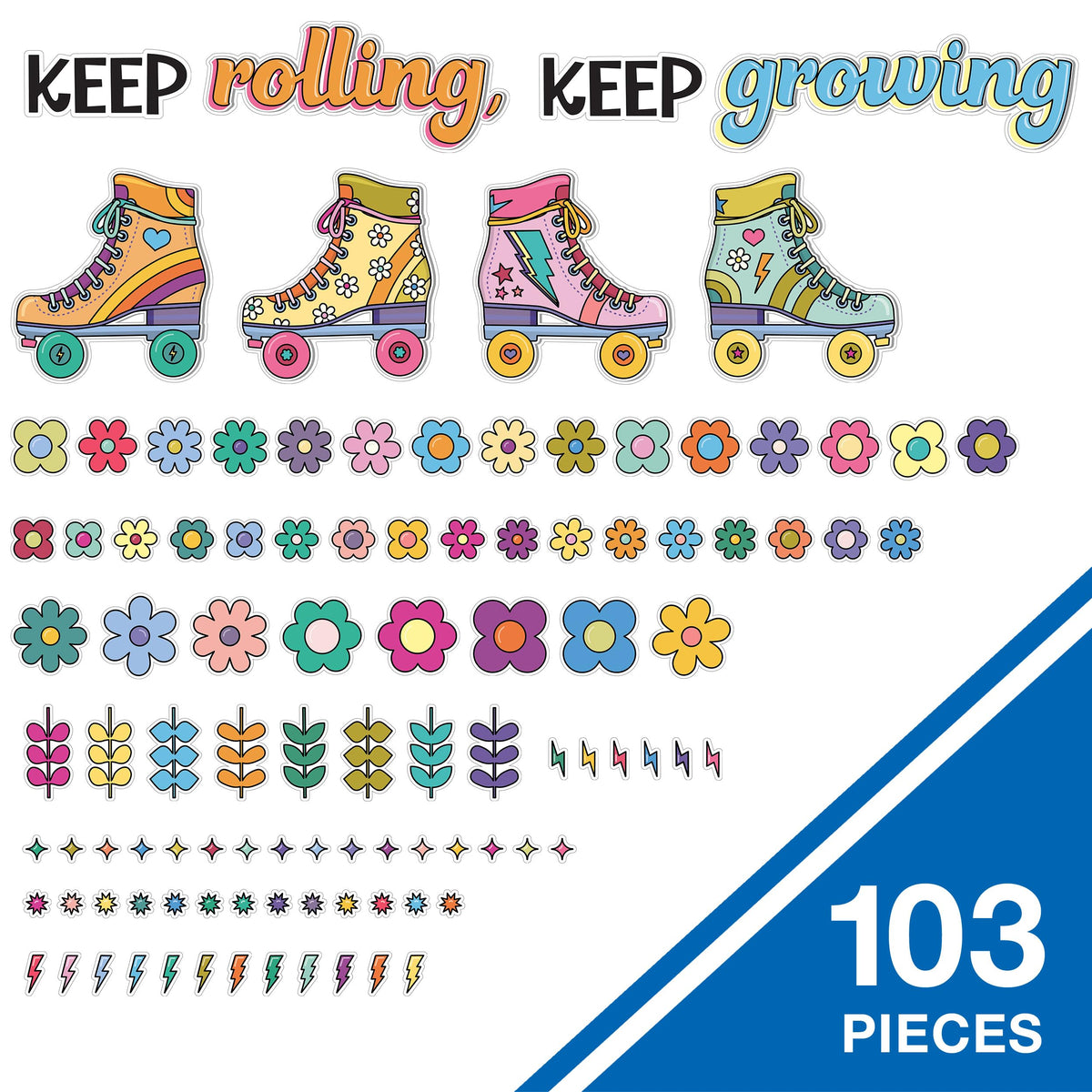 Happily Ever Elementary Retro Remix 103-Piece Motivational Bulletin Board Set, Roller Skates, Flowers, and More Groovy Bulletin Board Decorations for Classroom Decor
