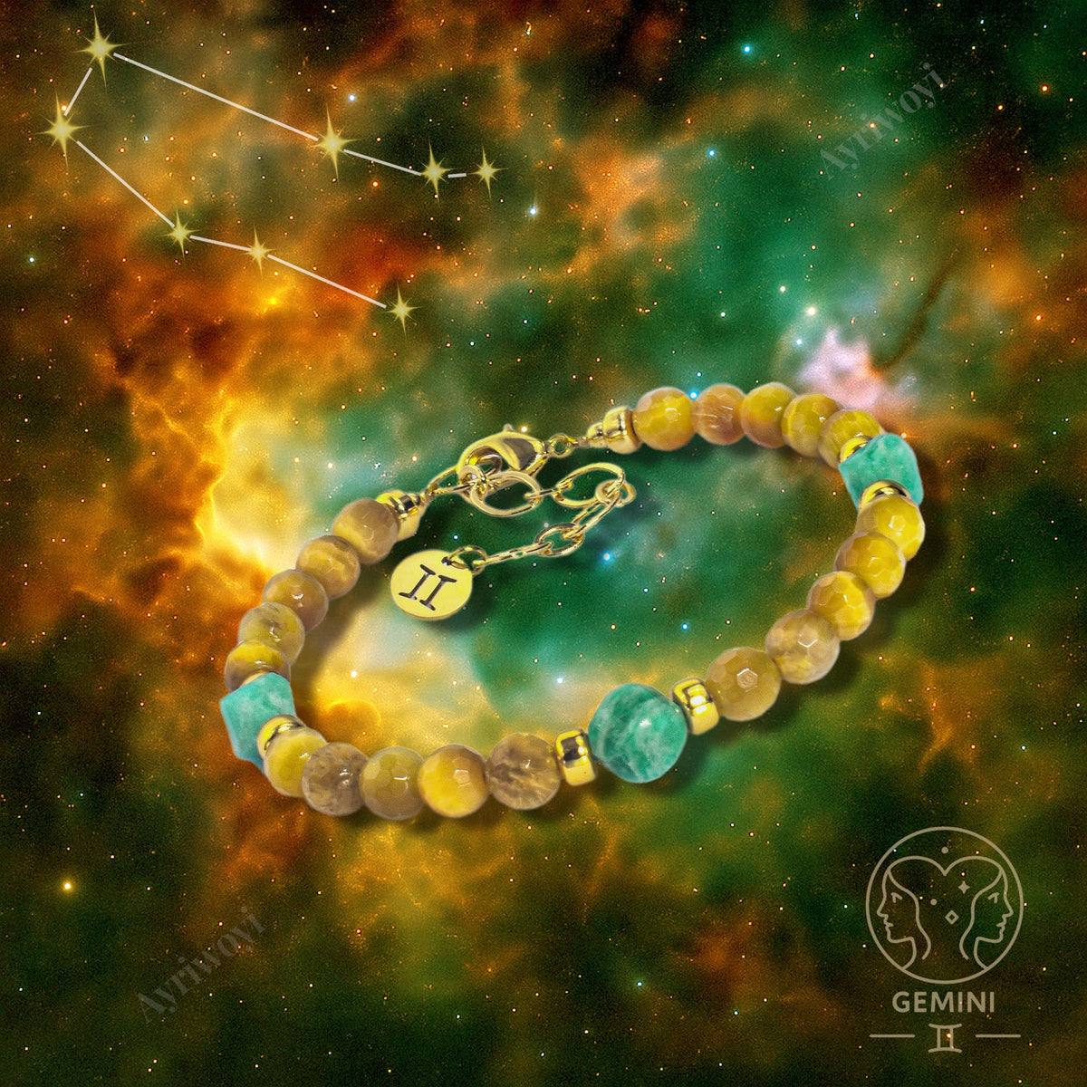 Ayriwoyi Gemini Zodiac Bracelet Yellow Tiger’s Eye Amazonite Healing Facet Stone 12 Constellations Astrology Bracelet Birthday Zodiac Inspirational Gifts
