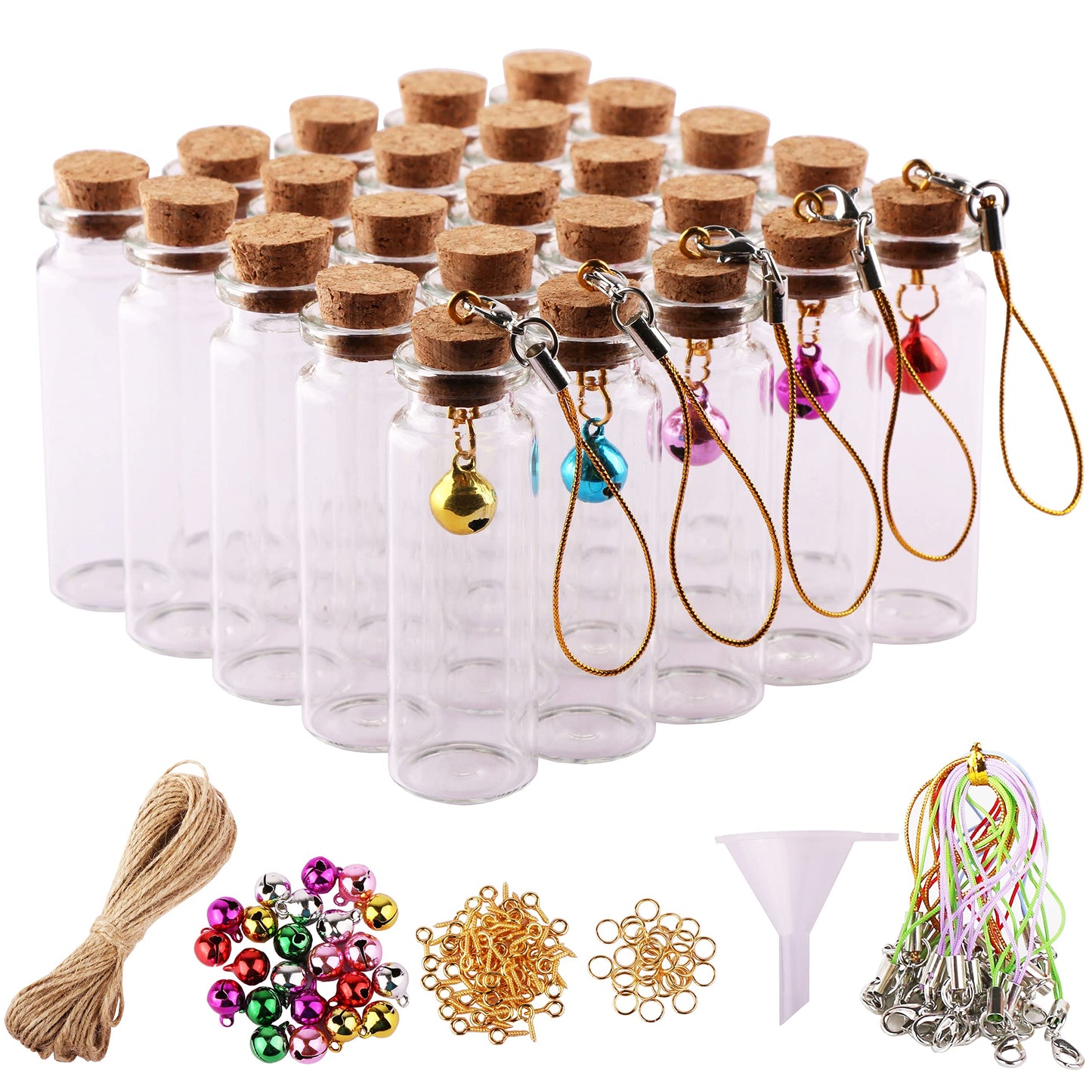 MaxMau Mini Glass Bottles with Cork Stoppers 15ml Mini Jars Wishing Bottles 25pcs with Connection Accessories Twine Bell Decoration